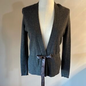 KENAR women’s 100% merino wool ribbed cardigan tie front sweater grey size Med